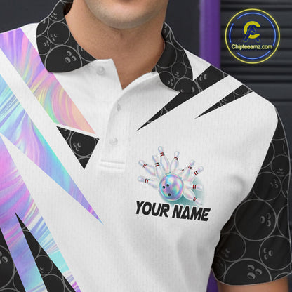 Holographic Bowling Polo Quarter Zip Shirt For Men Custom Glossy Lightning Team Bowling Jerseys NYN4283
