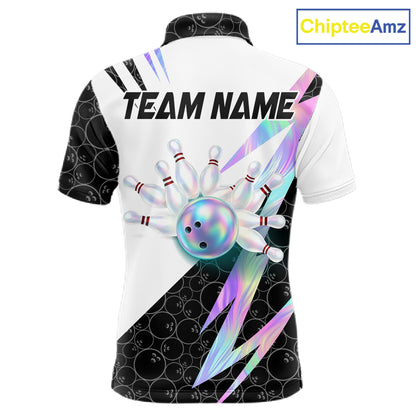Holographic Bowling Polo Quarter Zip Shirt For Men Custom Glossy Lightning Team Bowling Jerseys NYN4283