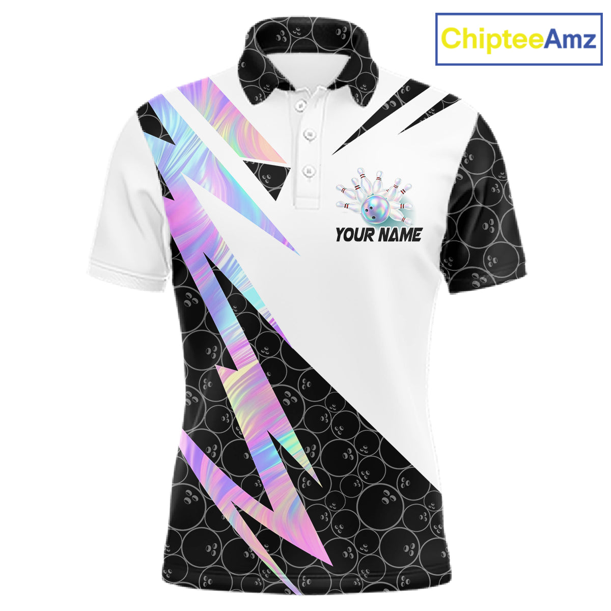 Holographic Bowling Polo Quarter Zip Shirt For Men Custom Glossy Lightning Team Bowling Jerseys NYN4283
