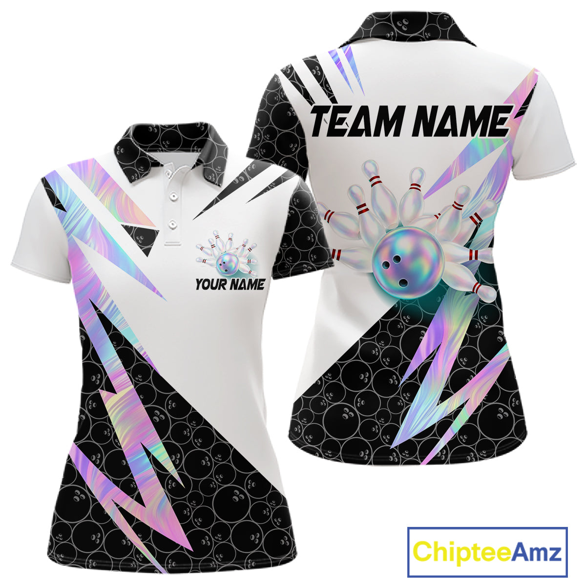 Holographic Bowling Polo Quarter Zip Shirt For Women Custom Glossy Lightning Team Bowling Jerseys NYN4283