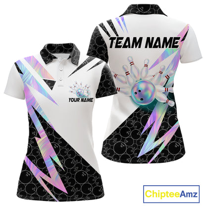 Holographic Bowling Polo Quarter Zip Shirt For Women Custom Glossy Lightning Team Bowling Jerseys NYN4283