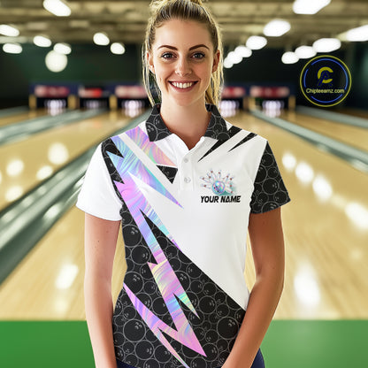 Holographic Bowling Polo Quarter Zip Shirt For Women Custom Glossy Lightning Team Bowling Jerseys NYN4283