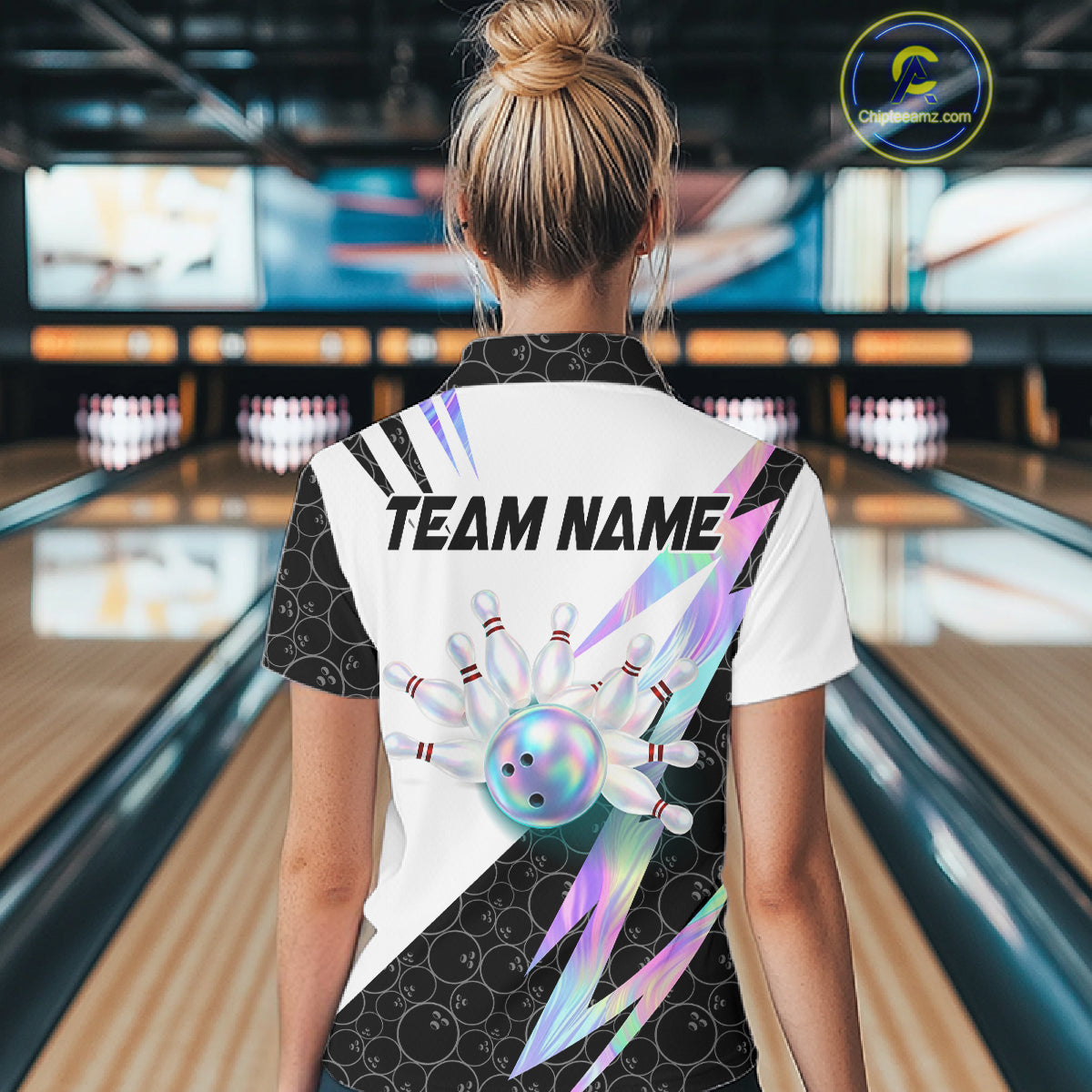 Holographic Bowling Polo Quarter Zip Shirt For Women Custom Glossy Lightning Team Bowling Jerseys NYN4283