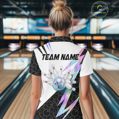 Holographic Bowling Polo Quarter Zip Shirt For Women Custom Glossy Lightning Team Bowling Jerseys NYN4283