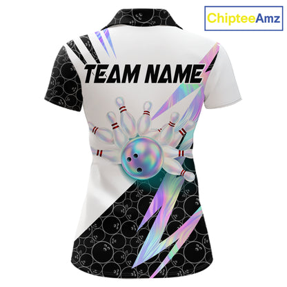 Holographic Bowling Polo Quarter Zip Shirt For Women Custom Glossy Lightning Team Bowling Jerseys NYN4283