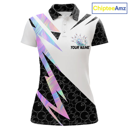 Holographic Bowling Polo Quarter Zip Shirt For Women Custom Glossy Lightning Team Bowling Jerseys NYN4283