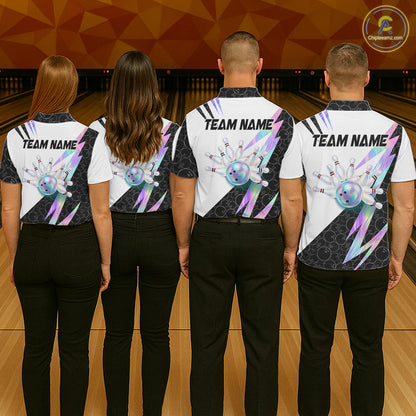 Holographic Bowling Polo Quarter Zip Shirt For Men Custom Glossy Lightning Team Bowling Jerseys NYN4283