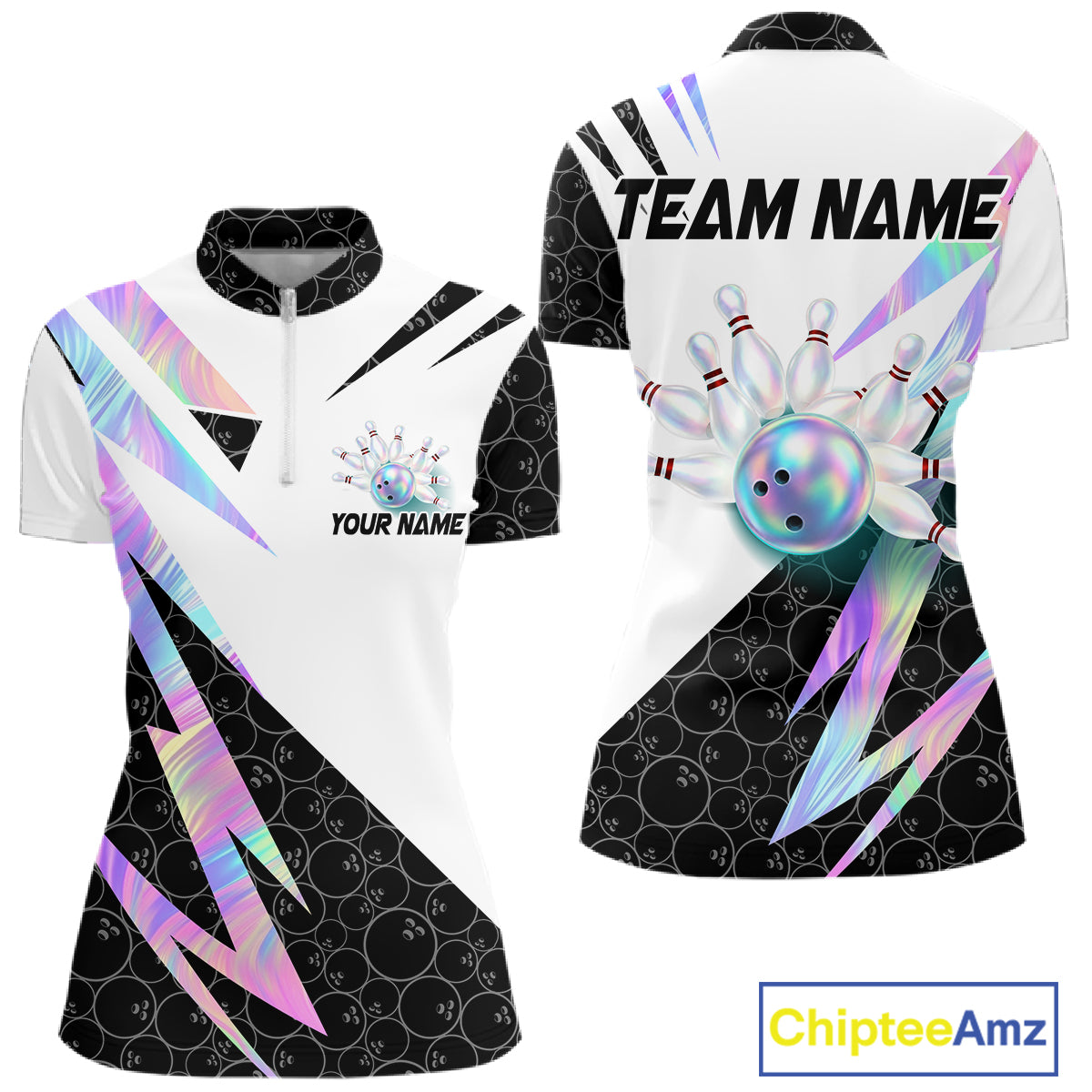 Holographic Bowling Polo Quarter Zip Shirt For Women Custom Glossy Lightning Team Bowling Jerseys NYN4283