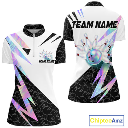 Holographic Bowling Polo Quarter Zip Shirt For Women Custom Glossy Lightning Team Bowling Jerseys NYN4283