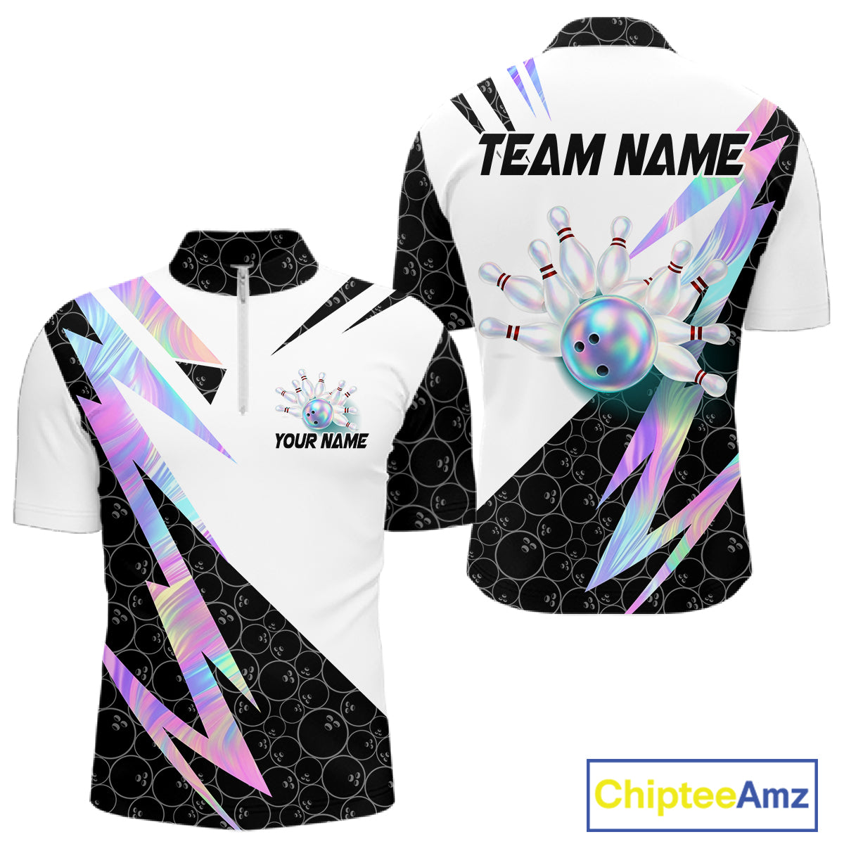 Holographic Bowling Polo Quarter Zip Shirt For Men Custom Glossy Lightning Team Bowling Jerseys NYN4283