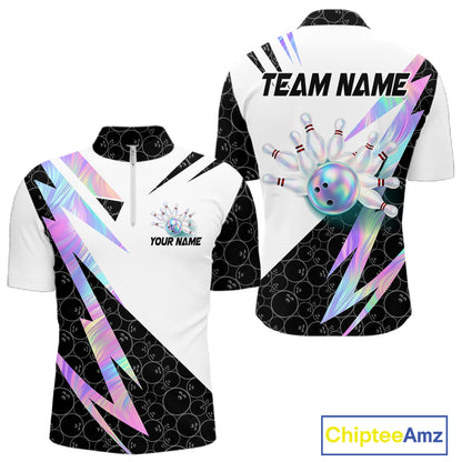 Holographic Bowling Polo Quarter Zip Shirt For Men Custom Glossy Lightning Team Bowling Jerseys NYN4283