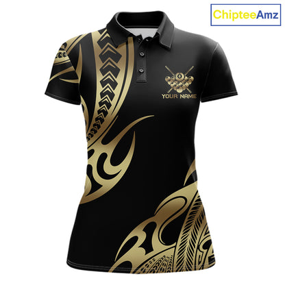 Black & Gold Tribal Pattern Billiard Shirts For Women Custom 8 Ball Billiard Team Shirts NYN4284