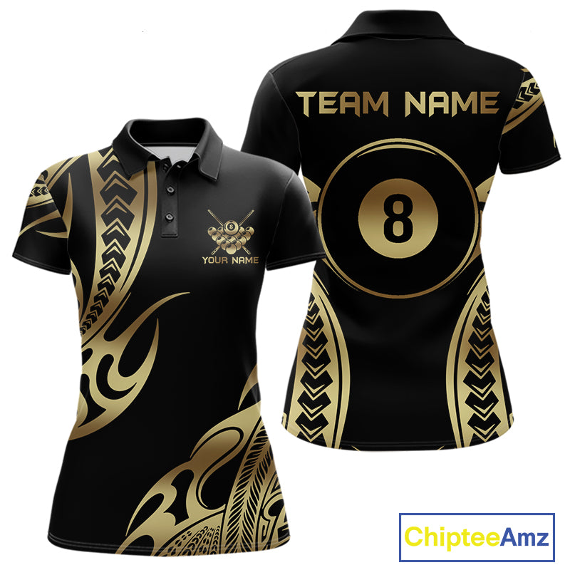 Black & Gold Tribal Pattern Billiard Shirts For Women Custom 8 Ball Billiard Team Shirts NYN4284