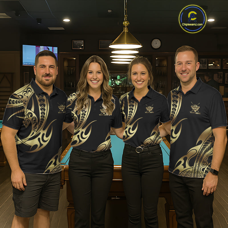 Black & Gold Tribal Pattern Billiard Shirts For Men Custom 8 Ball Billiard Team Shirts NYN4284