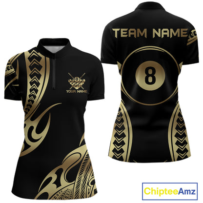 Black & Gold Tribal Pattern Billiard Shirts For Women Custom 8 Ball Billiard Team Shirts NYN4284