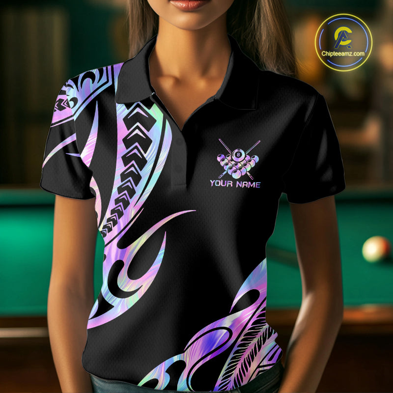 Holographic Tribal Pattern Billiard Shirts For Women Custom Glossy 8 Ball Billiard Team Shirts NYN4285
