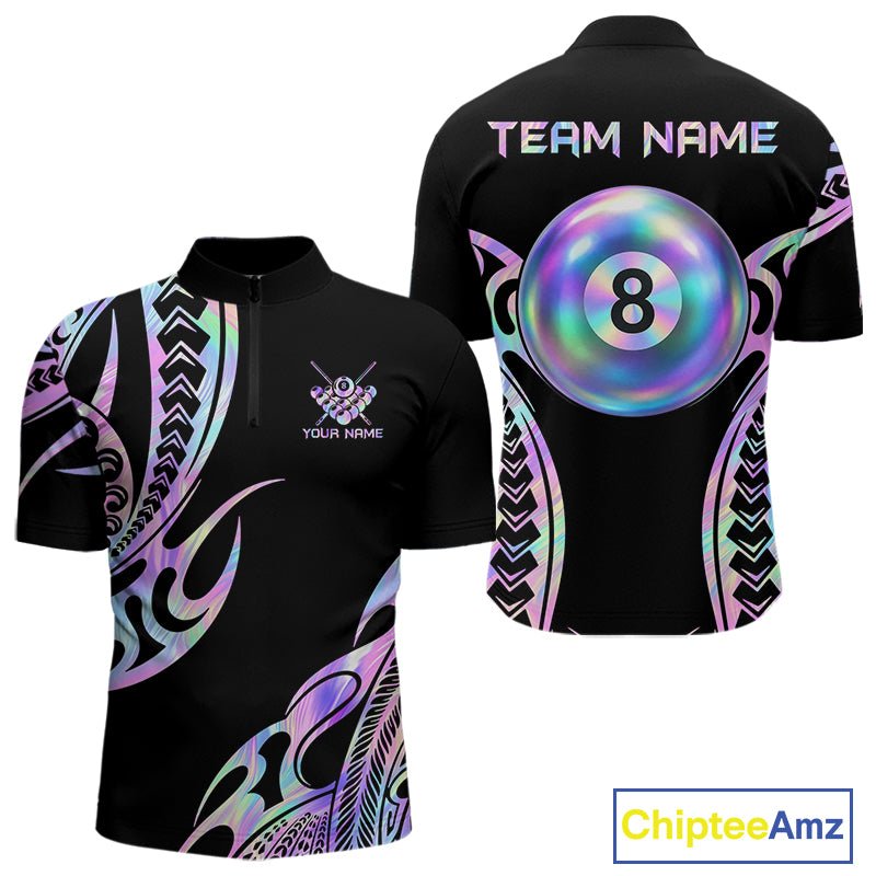 Holographic Tribal Pattern Billiard Shirts For Men Custom Glossy 8 Ball Billiard Team Shirts NYN4285