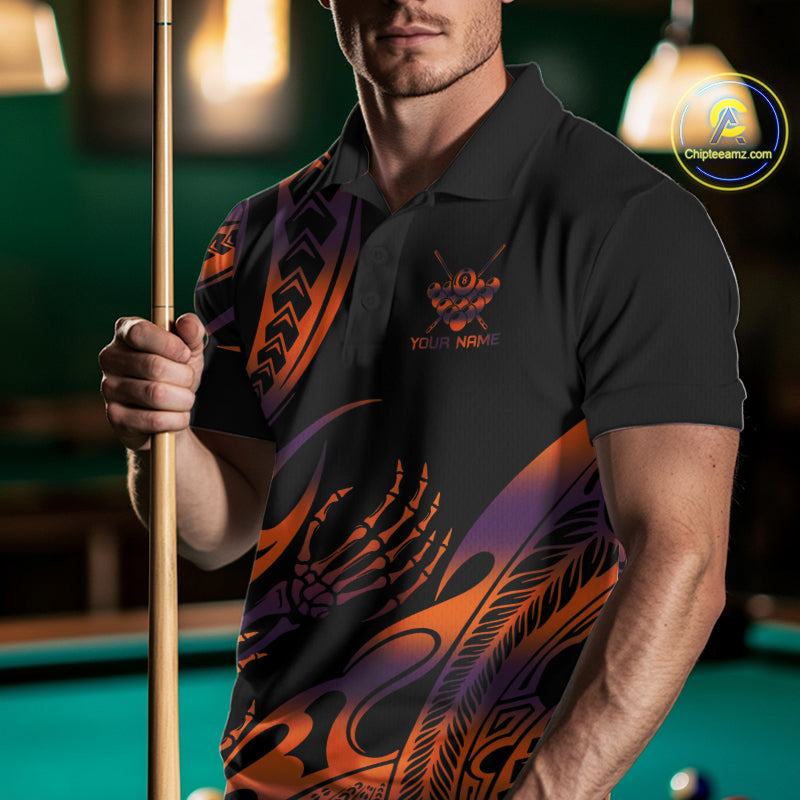 Orange & Purple Tribal Halloween Billiard Shirts For Men Custom Skull 8 Ball Billiard Team Shirts NYN4286
