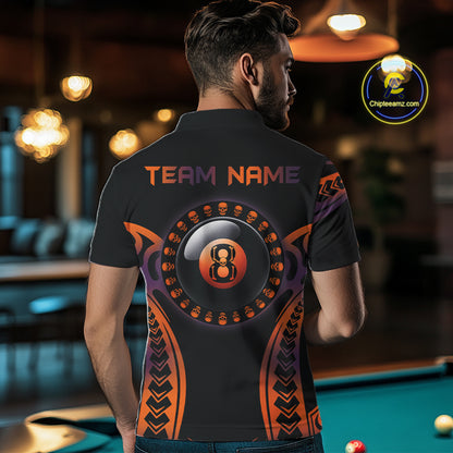 Orange & Purple Tribal Halloween Billiard Shirts For Men Custom Skull 8 Ball Billiard Team Shirts NYN4286