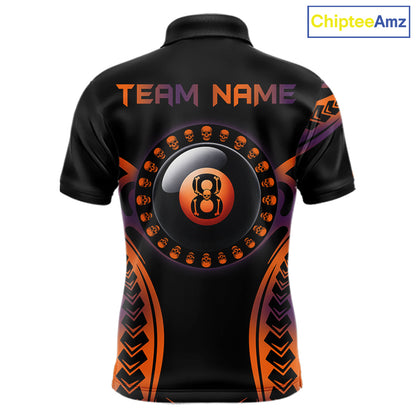 Orange & Purple Tribal Halloween Billiard Shirts For Men Custom Skull 8 Ball Billiard Team Shirts NYN4286