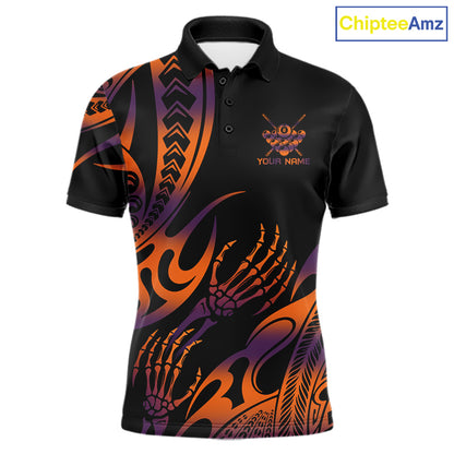 Orange & Purple Tribal Halloween Billiard Shirts For Men Custom Skull 8 Ball Billiard Team Shirts NYN4286
