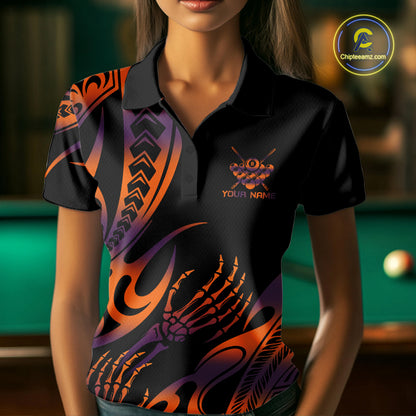Orange & Purple Tribal Halloween Billiard Shirts For Women Custom Skull 8 Ball Billiard Team Shirts NYN4286