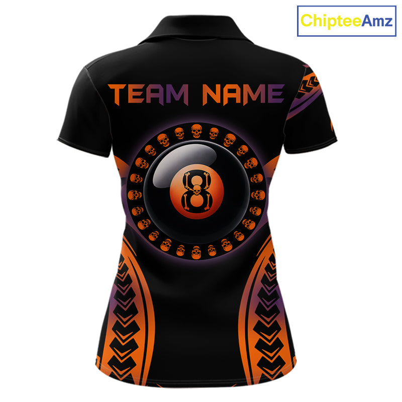 Orange & Purple Tribal Halloween Billiard Shirts For Women Custom Skull 8 Ball Billiard Team Shirts NYN4286