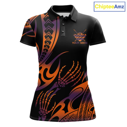 Orange & Purple Tribal Halloween Billiard Shirts For Women Custom Skull 8 Ball Billiard Team Shirts NYN4286
