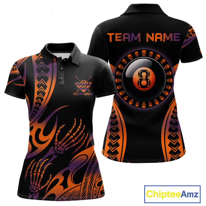 Orange & Purple Tribal Halloween Billiard Shirts For Women Custom Skull 8 Ball Billiard Team Shirts NYN4286