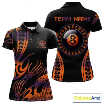 Orange & Purple Tribal Halloween Billiard Shirts For Women Custom Skull 8 Ball Billiard Team Shirts NYN4286