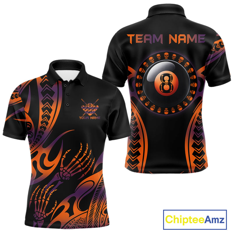 Orange & Purple Tribal Halloween Billiard Shirts For Men Custom Skull 8 Ball Billiard Team Shirts NYN4286