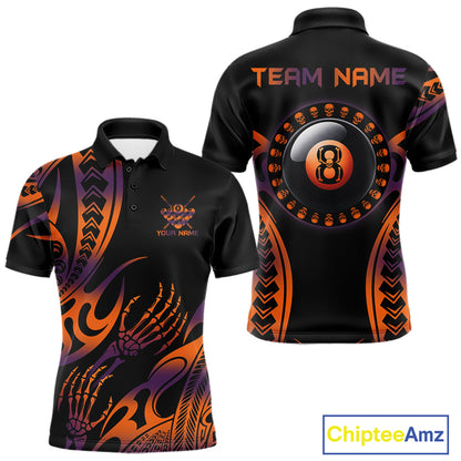 Orange & Purple Tribal Halloween Billiard Shirts For Men Custom Skull 8 Ball Billiard Team Shirts NYN4286