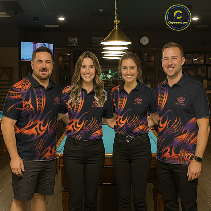 Orange & Purple Tribal Halloween Billiard Shirts For Men Custom Skull 8 Ball Billiard Team Shirts NYN4286