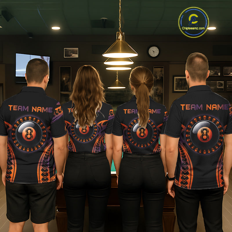 Orange & Purple Tribal Halloween Billiard Shirts For Men Custom Skull 8 Ball Billiard Team Shirts NYN4286