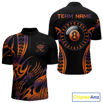 Orange & Purple Tribal Halloween Billiard Shirts For Men Custom Skull 8 Ball Billiard Team Shirts NYN4286