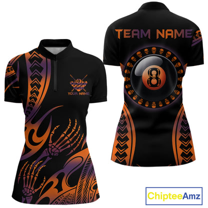 Orange & Purple Tribal Halloween Billiard Shirts For Women Custom Skull 8 Ball Billiard Team Shirts NYN4286