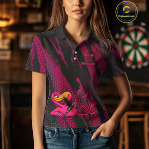 Custom Black And Pink Flamingo Dartboard Funny Dart Team Women Polo Shirt Dart Jerseys NYN1538