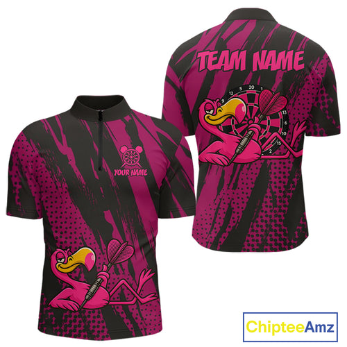 Custom Black And Pink Flamingo Dartboard Funny Dart Team Men Quarter-Zip Shirt Dart Jerseys NYN1538