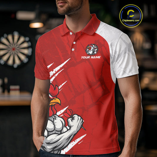 Custom White And Red Rooster Dartboard Dart Men Polo Shirt Funny Dart Team Jerseys NYN1540