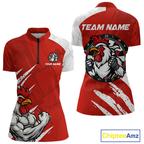 Custom White And Red Rooster Dartboard Dart Women Quarter-Zip Shirt Funny Dart Team Jerseys NYN1540