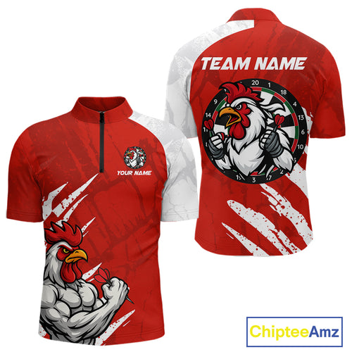 Custom White And Red Rooster Dartboard Dart Men Quarter-Zip Shirt Funny Dart Team Jerseys NYN1540
