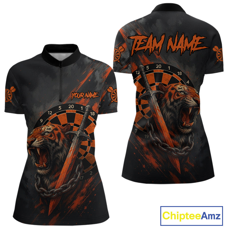 Custom Orange Grunge Tiger Dartboard Horror Dart Women Quarter-Zip Shirt Outfits Dart Jerseys NYN1542