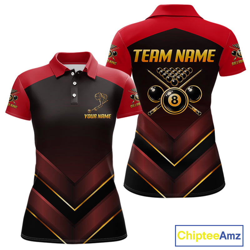 Custom Red Billiard Polo & Quarter-Zip Jerseys For Women Gold 8 Ball Pool Team Jersey NYN2314