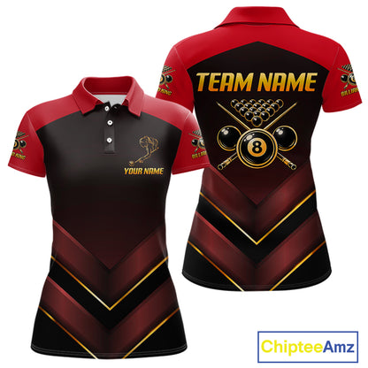 Custom Red Billiard Polo & Quarter-Zip Jerseys For Women Gold 8 Ball Pool Team Jersey NYN2314