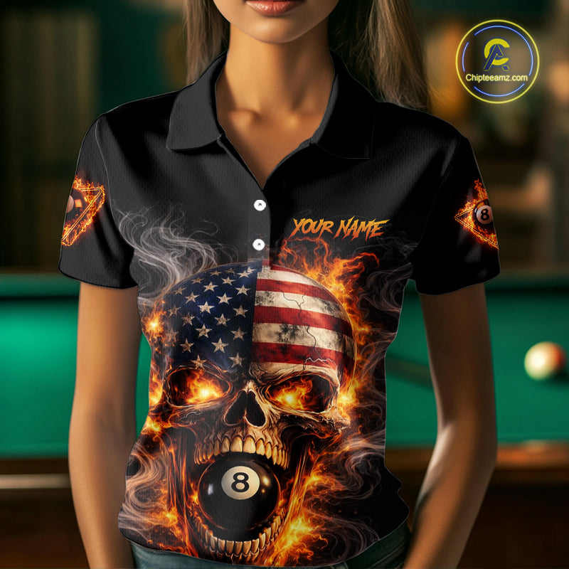Skull Flaming Pool 8 Ball & 9 Ball Billiard Shirt For Women Personalized 3D Ball Billiard Attire NYN2586