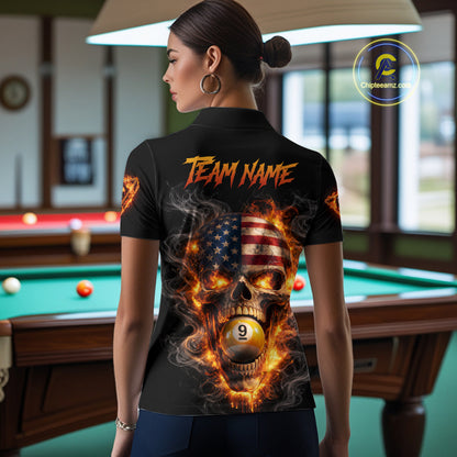 Skull Flaming Pool 8 Ball & 9 Ball Billiard Shirt For Women Personalized 3D Ball Billiard Attire NYN2586