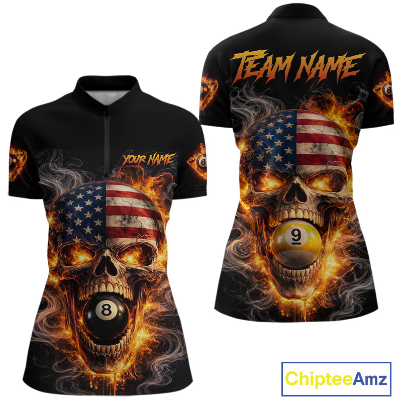 Skull Flaming Pool 8 Ball & 9 Ball Billiard Shirt For Women Personalized 3D Ball Billiard Attire NYN2586