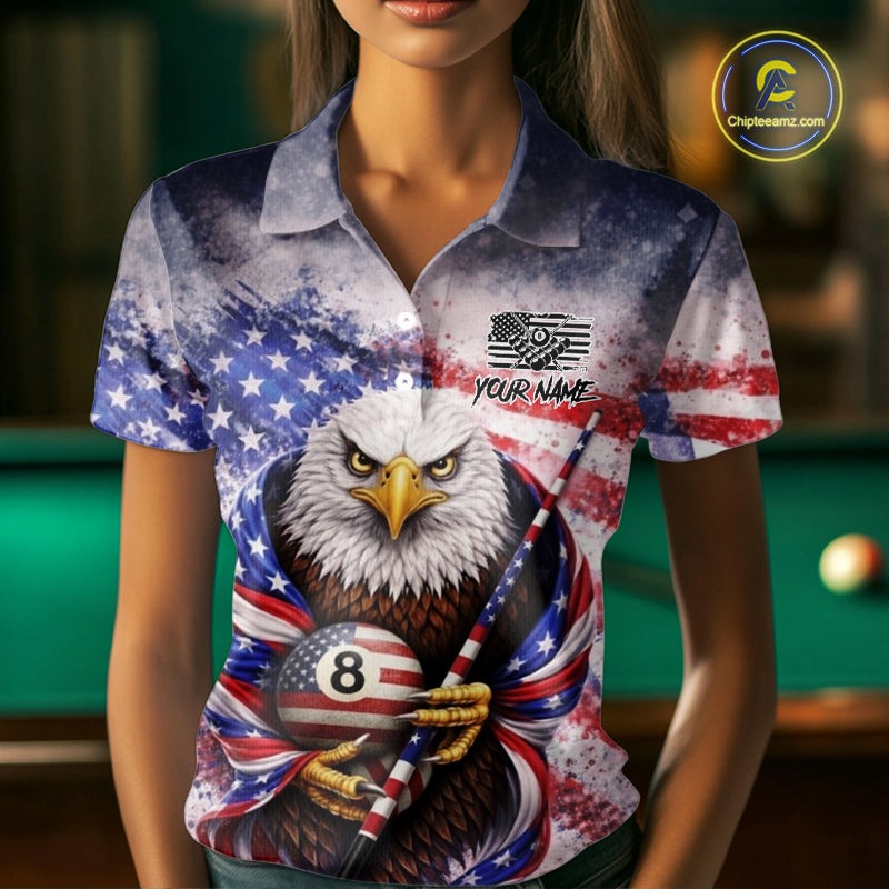 US Flag Grunge Eagle Pool 8 Ball & Cue Billiard Shirt For Women Custom Patriotic Billiard Attire NYN2588