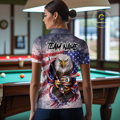 US Flag Grunge Eagle Pool 8 Ball & Cue Billiard Shirt For Women Custom Patriotic Billiard Attire NYN2588