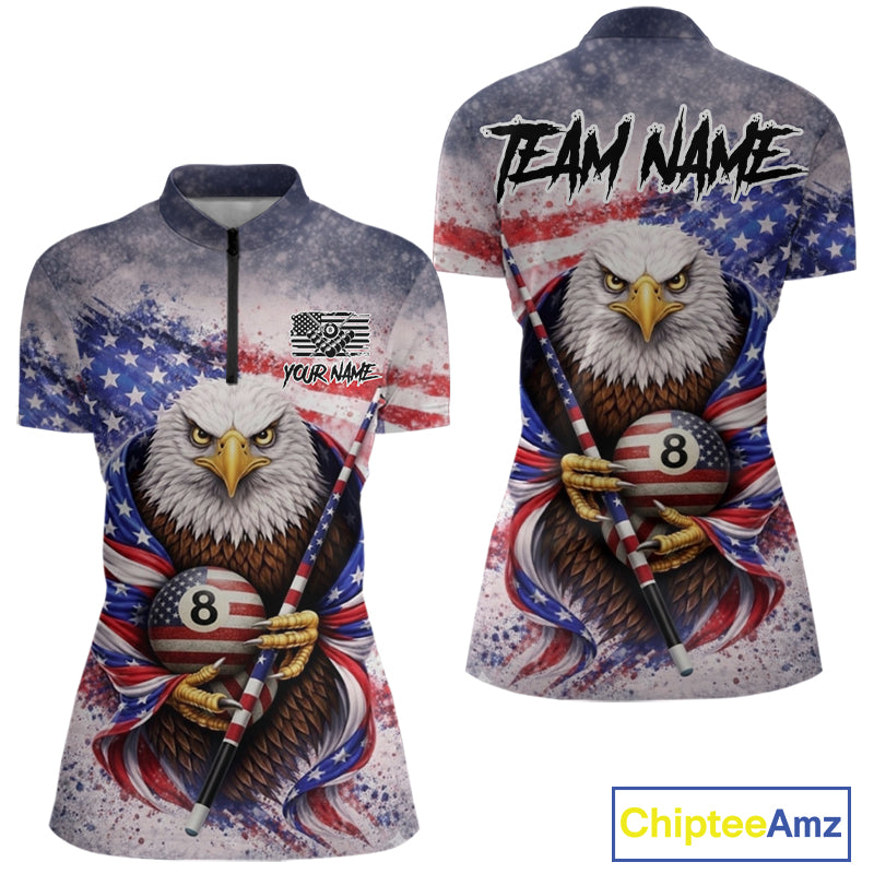 US Flag Grunge Eagle Pool 8 Ball & Cue Billiard Shirt For Women Custom Patriotic Billiard Attire NYN2588